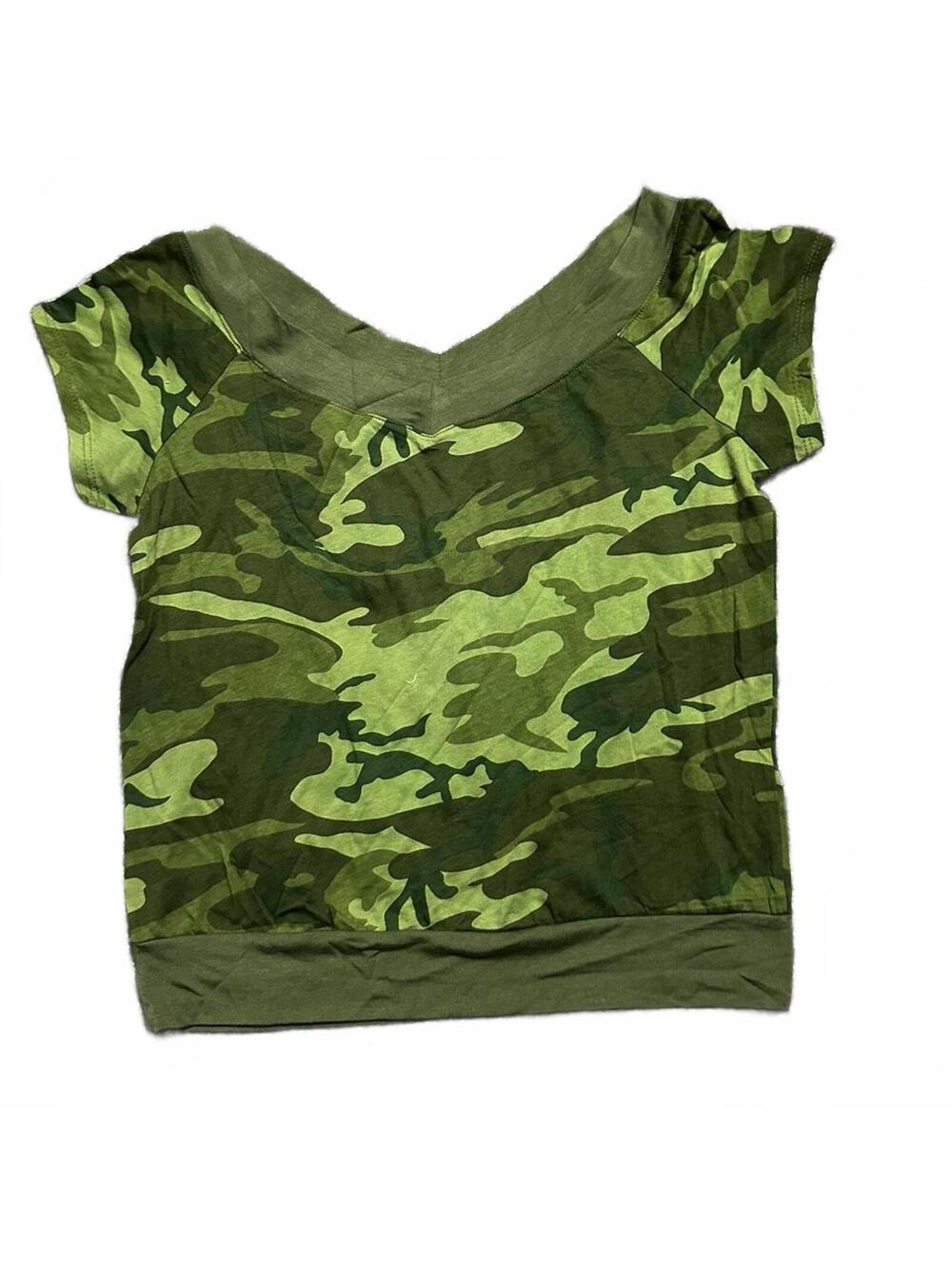 Y2K Debut Camo Print Baby Tee off the Shoulder Size L
